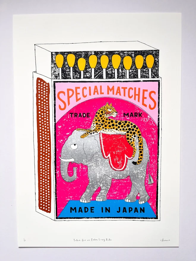 Elephant And Leopard Matchbox Taken For An Extra Long Rid, a colourful matchbox design in the centre of a white card. 