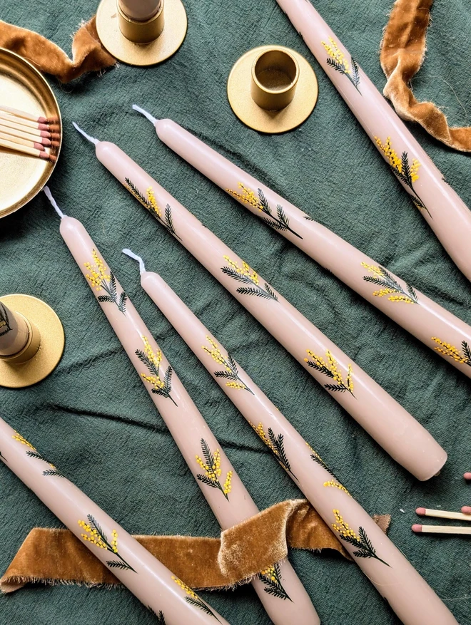 Oat Taper Candles With Mimosa Blossom Design