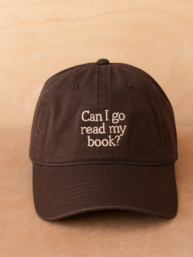 'Can I Go Read My Book?' Cotton Baseball Cap in brown