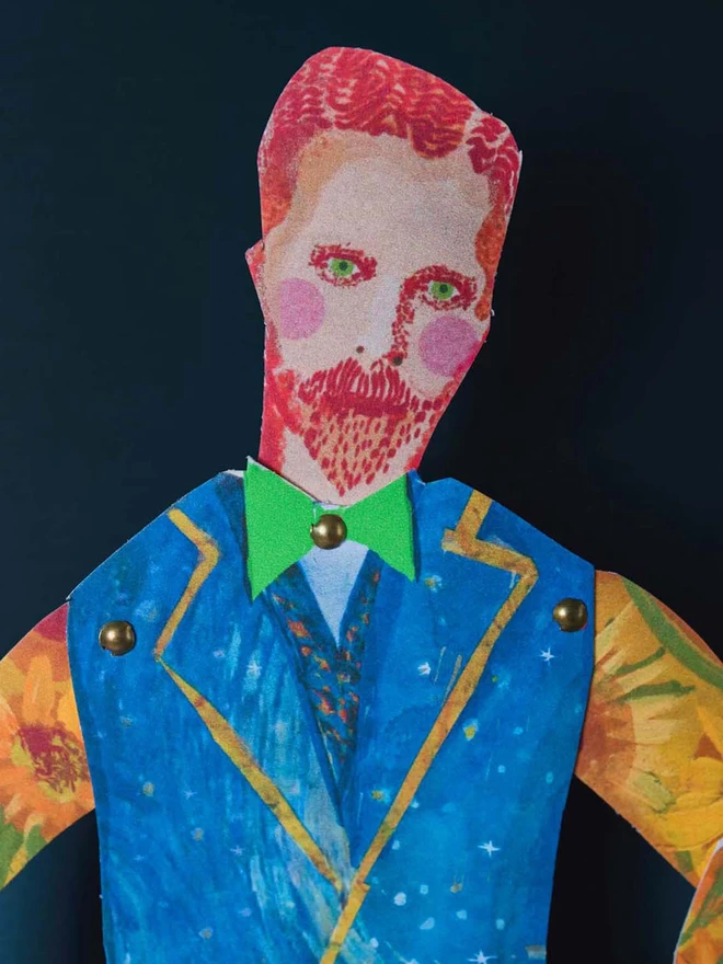 Close up detail of the Vincent Van Gogh puppet showing off beautiful colours and textures
