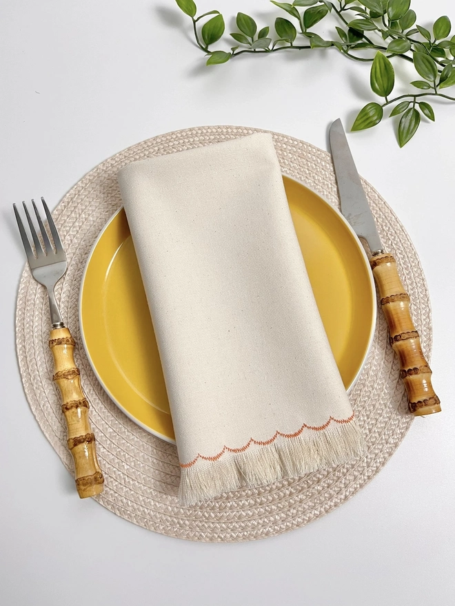 Block Printed Fringed Napkins (Lemon Set Of 2)