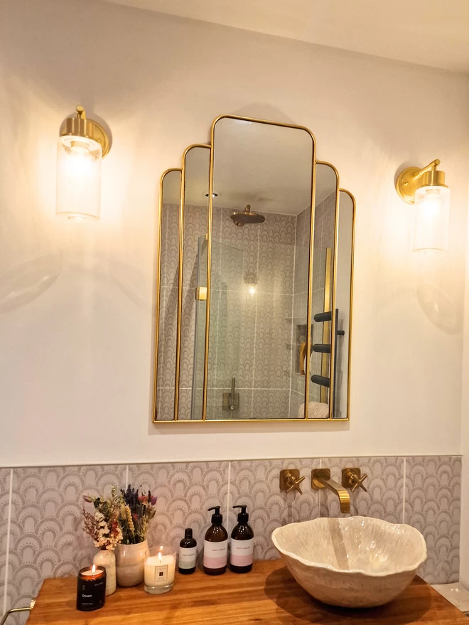 Gold taps, Handcrafted Basin in a Dream Catcher glaze with white, cream, light pink and hints of lilac and metallic. Bathroom sink, bathroom basin, WC, Bathroom, sink, art deco tiles and mirror