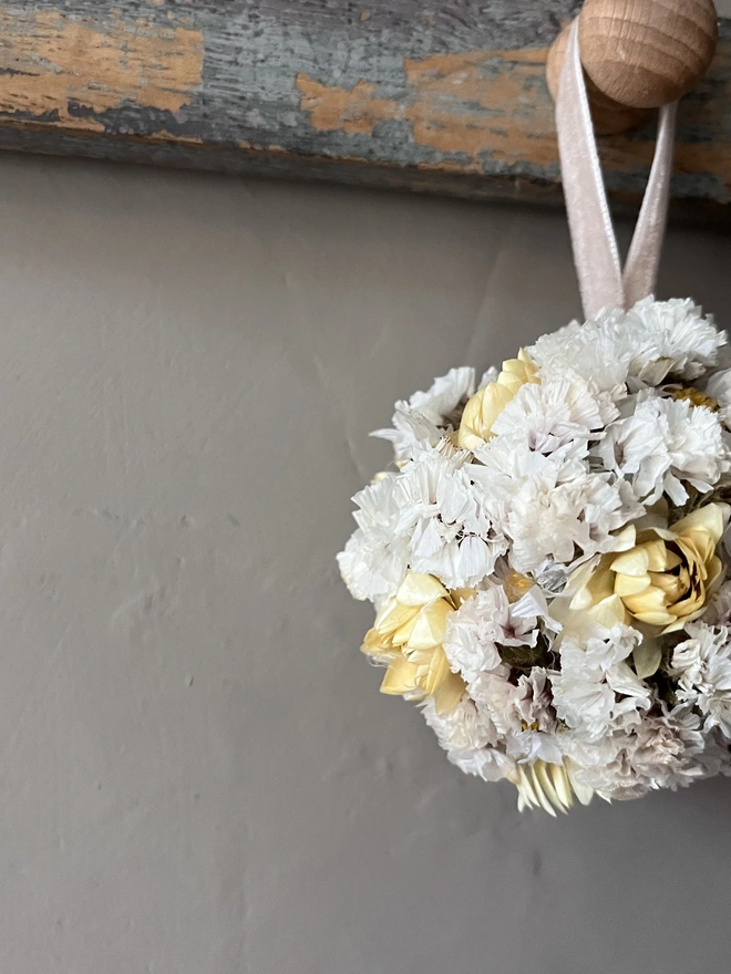 White and Yellow Christmas Dried Flower bauble. Made using a selection of homegrown dried flowers. 