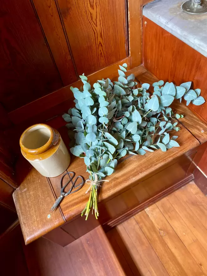 Freshly Cut Eucalyptus Cinerea sits in a vintage brown ceramic vase. The vase sits on a light oak board with a pair of small vintage scissors alongside. The scene is set in a wooden panelled bathroom with a grey marbled bathtub in the background.