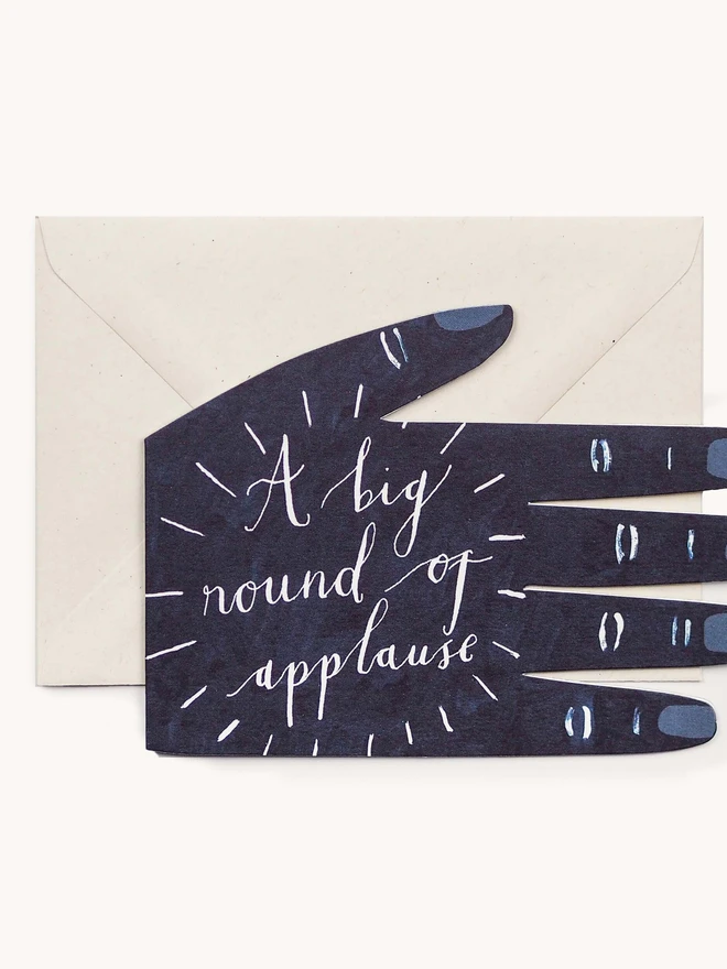 navy hand shape card with round of applause text