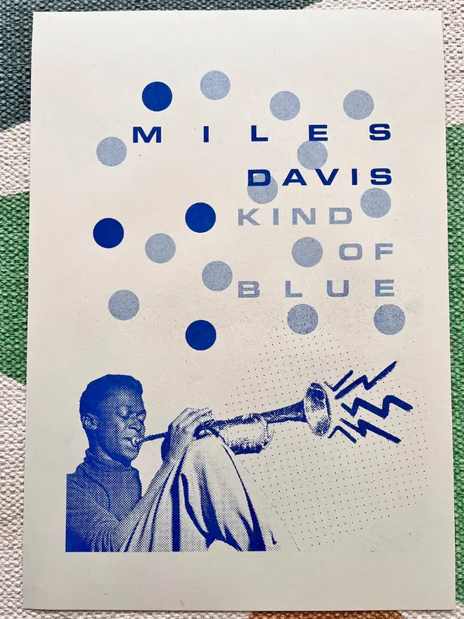 'Miles Davis' Kind Of Blue Risograph Print Jazz Poster, close up. 