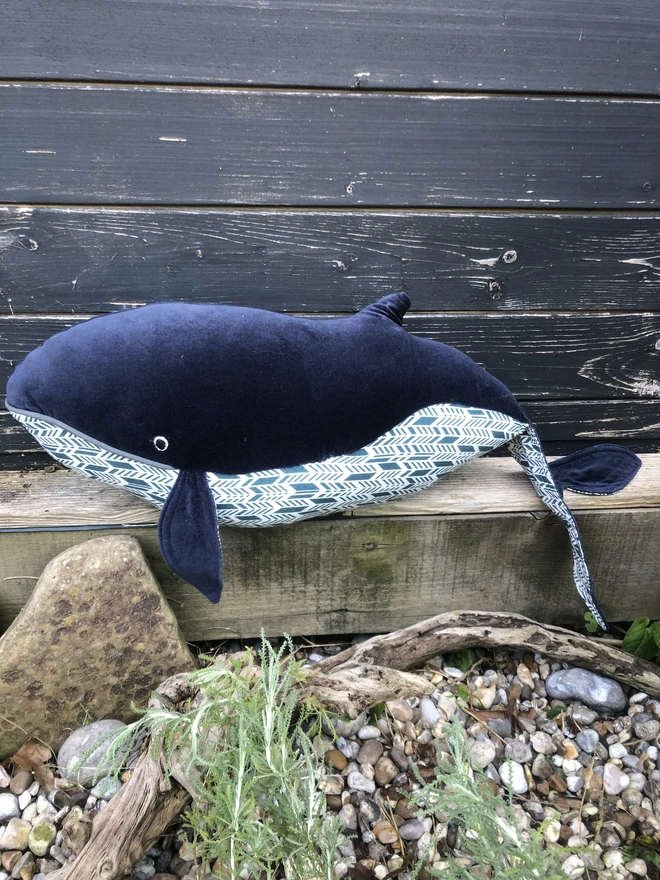 Navy blue velvet handmade whale with chevron style printed 100% cotton underbelly