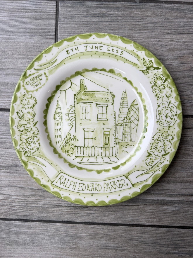 Green & White Hand-Painted Personalised House Plate with extra details included as easter eggs 