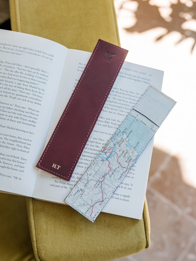 personalised rare silk war escape map leather bookmark in wine red personalised in gold with the initials H and T by natthakur
