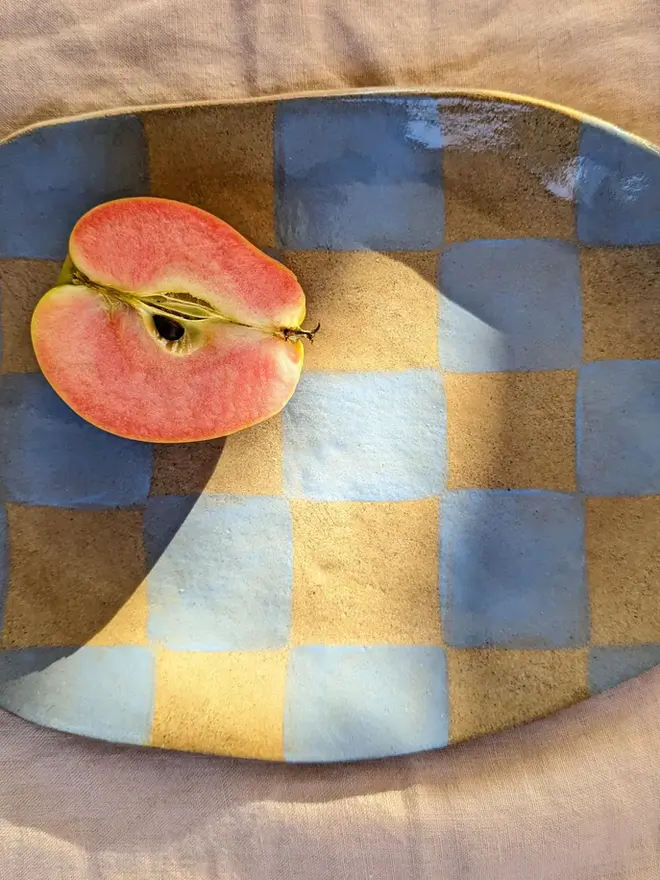 Baby Blue Checks Oval Serving Plate