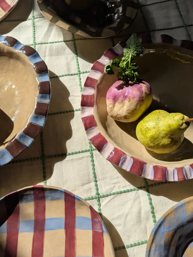 Baby Blue & Burgundy Round Gingham Serving Bowl