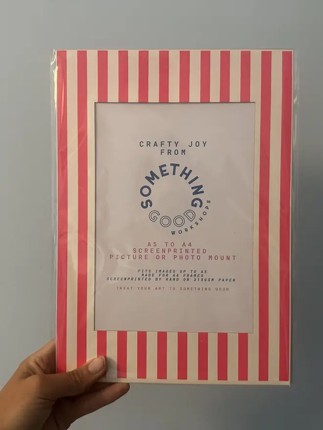 Thin Striped Screen Printed A6 / A5 / A4 Photo Mount. pink mount shown against grey background. 