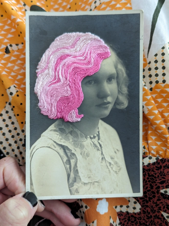 Original vintage photo showing half embroidered hair 