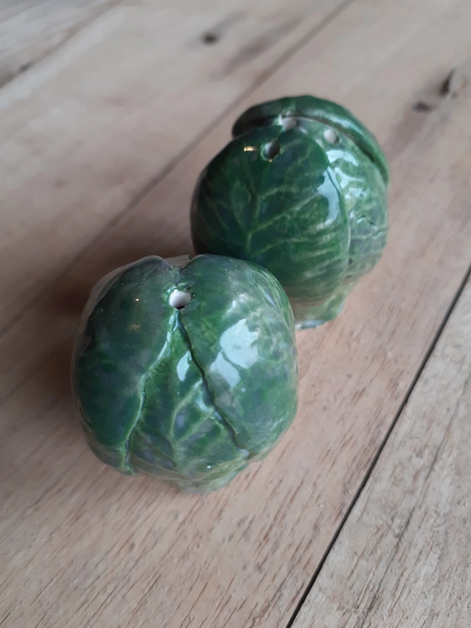 Unique artisan Brussels sprout ceramic shakers for salt and pepper, glossy finish,