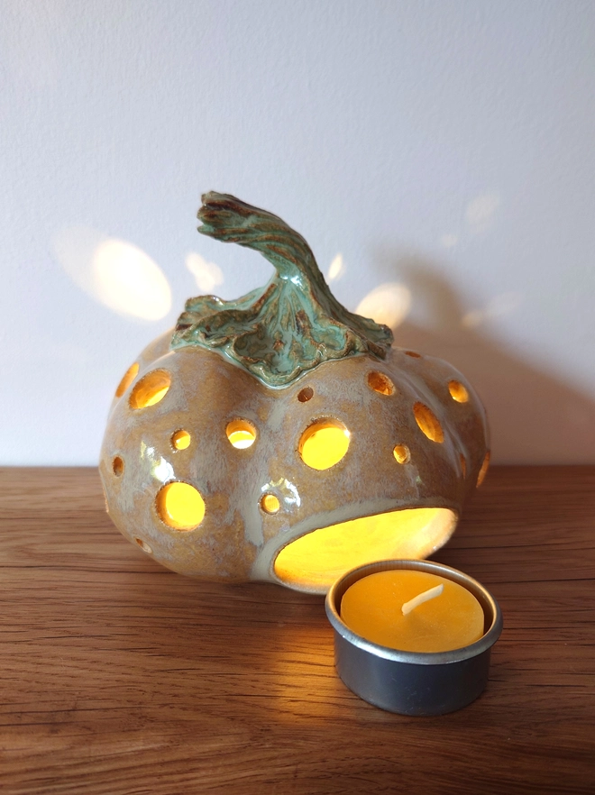 Yellow pumpkin tea light candle lantern