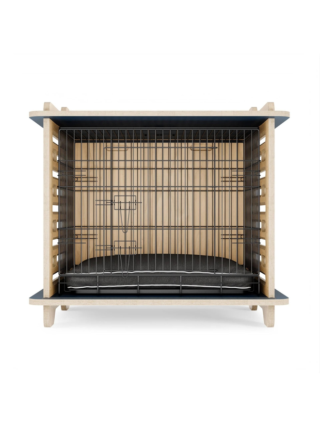 wooden blue top dog crate with cage door