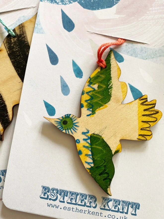 Handpainted wooden bird decoration by Esther Kent