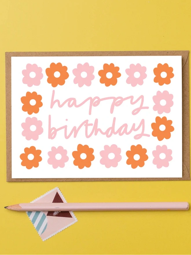 'Happy Birthday' Daisies Pink And Red Greeting Card