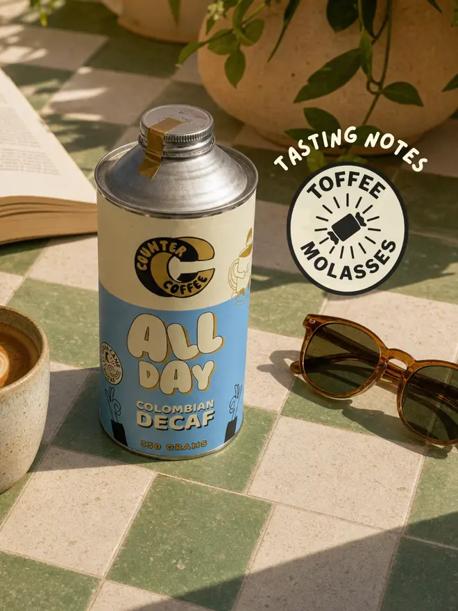 All Day Decaf. A tin of coffee from Counter Coffee.