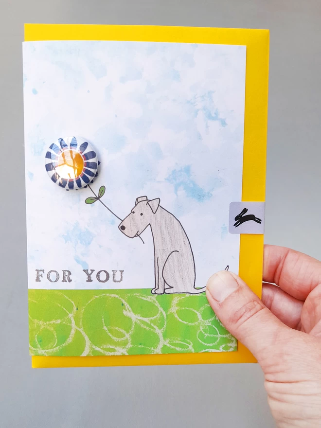 For you dog with flowe, greeting card with badge