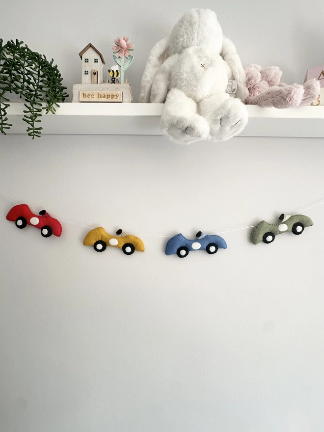 Nursery Garland, felt car bunting, racing car bunting, Childs room decoration, kids room decoration, baby room decoration