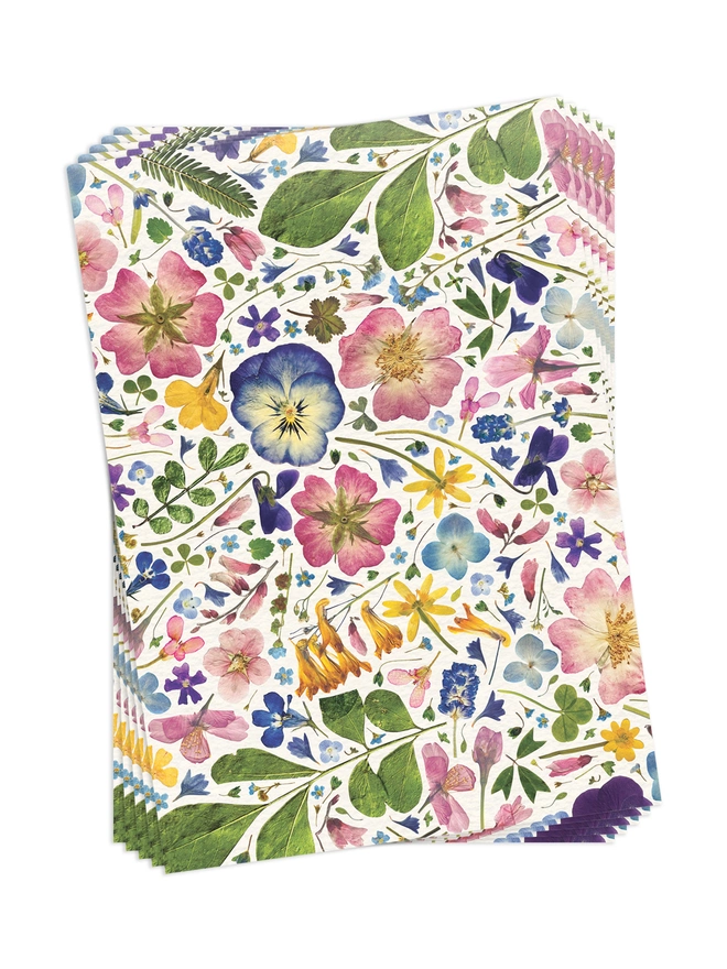 Pack of 5 Folded birthday wrapping paper sheets with a floral design created from pressed flowers.