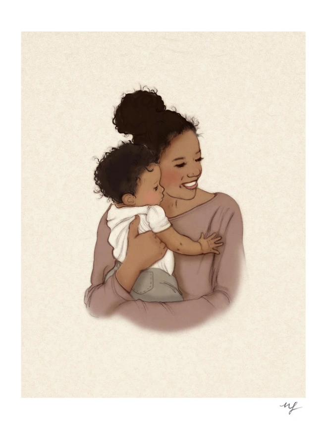 personalised drawing of mummy and me art work, drawn in pencil on a traditional sepia paper background, black mother is hugging her black baby very cute drawing