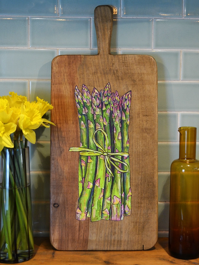 Asparagus design handpainted on wooden serving board