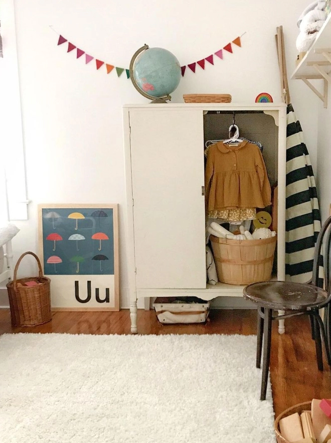 A colourful kids room seen with an umbrella print