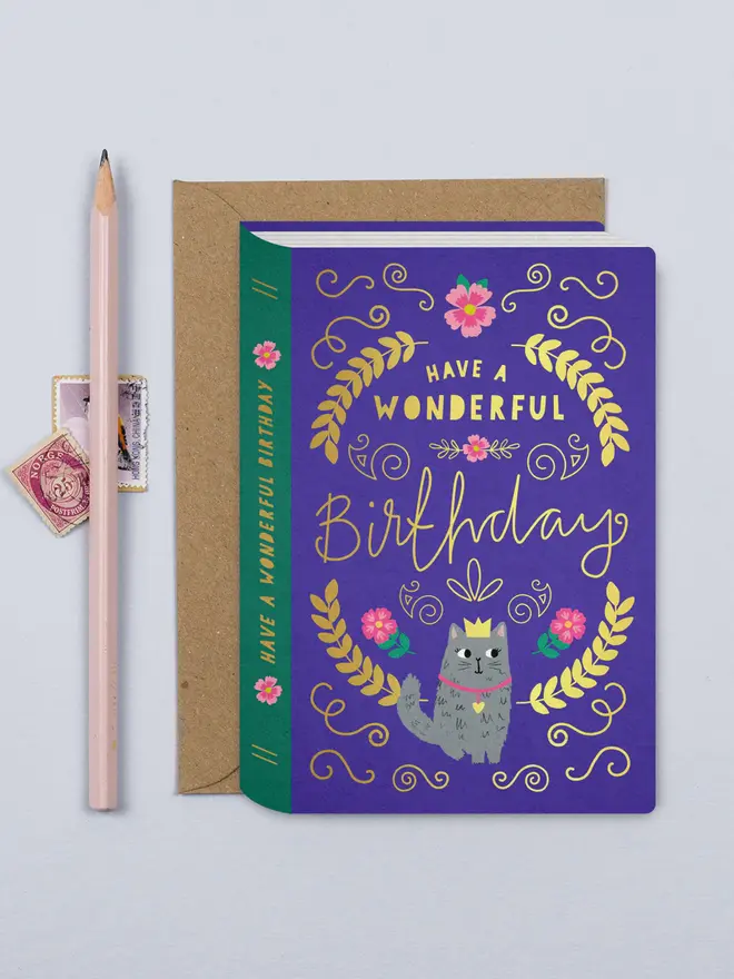 'Have A Wonderful Birthday' Ornate Book Cat Birthday card