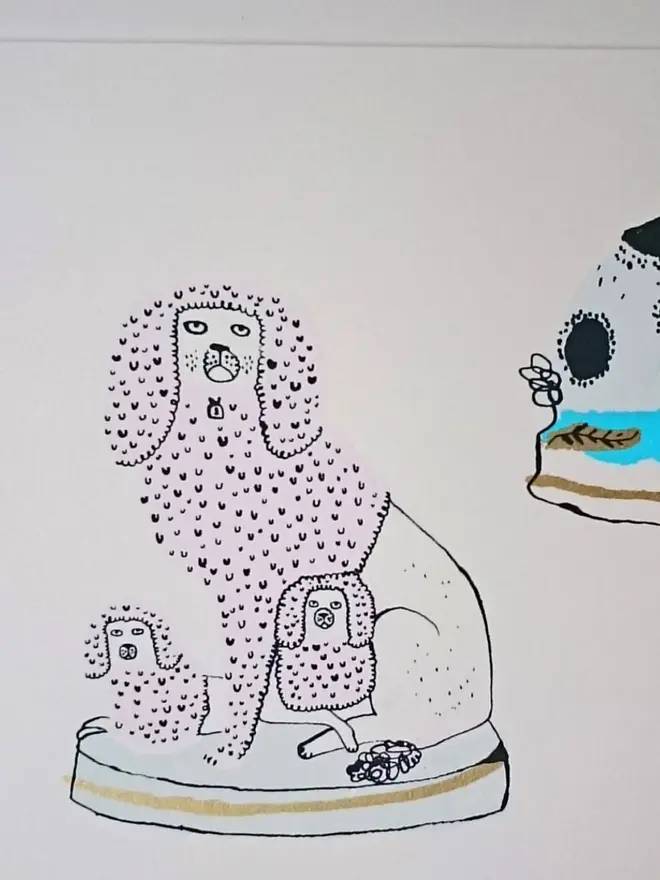 Pottery Animals Screenprint Paws And Claws (& Eight Hooves), a collection of colourful animal designs on a white screenprint. 