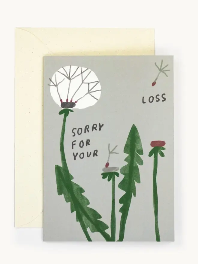 grey sorry for your loss card with dandelion
