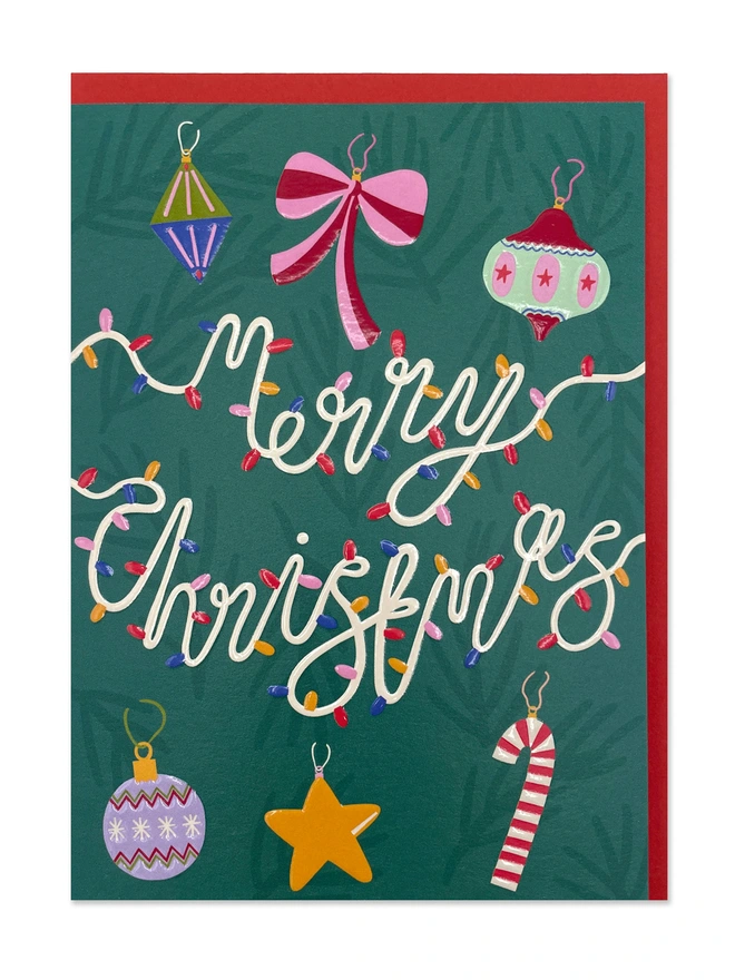  ‘Merry Christmas’ Colourful Baubles and Twinkling Lights Christmas Card | Raspberry Blossom 