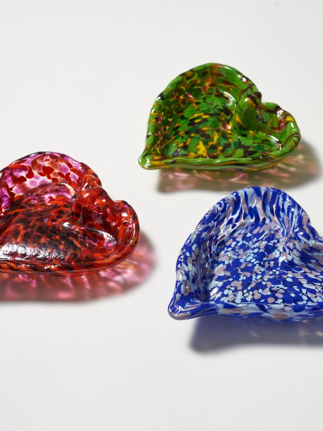 Murano glass heart shaped trinket dish in three colours