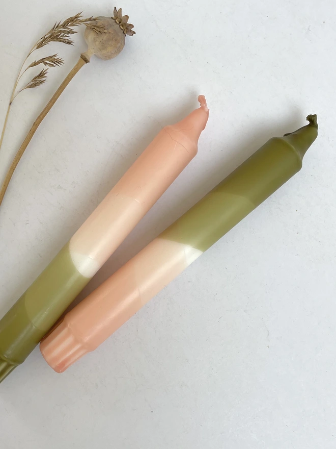 Blush Pink & Olive Green Dip Dyed Dinner Candles (Set Of 2)