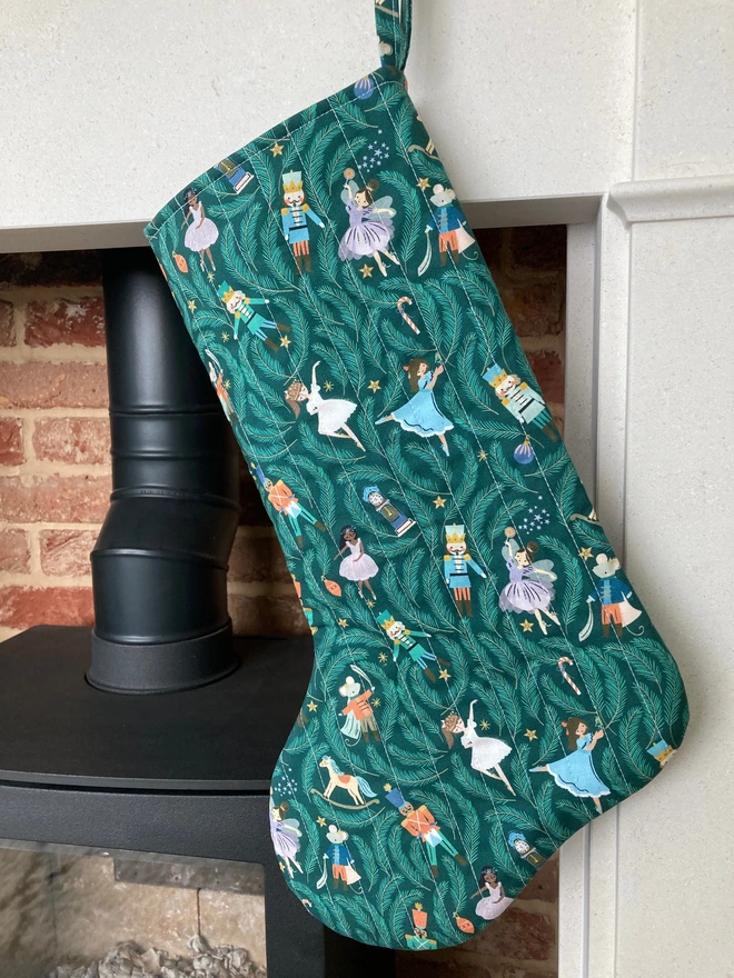 Cooper and Fred quilted printed stocking in pine nutcracker print
