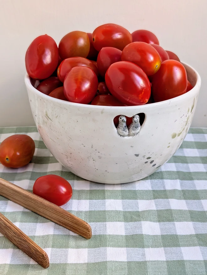 pigeon serving bowl with 2 birds splattered painted design in grey and white with shiny tomatoes and wooden tongs on a green gingham table cloth