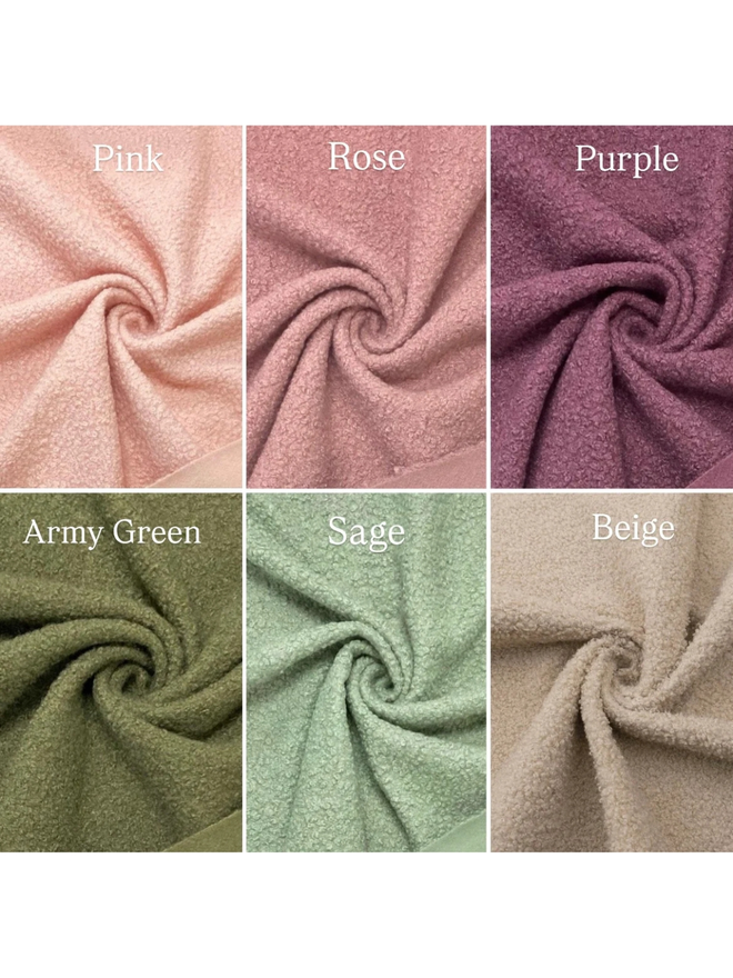 boucle letter bunting. six colour examples of fabric colours.