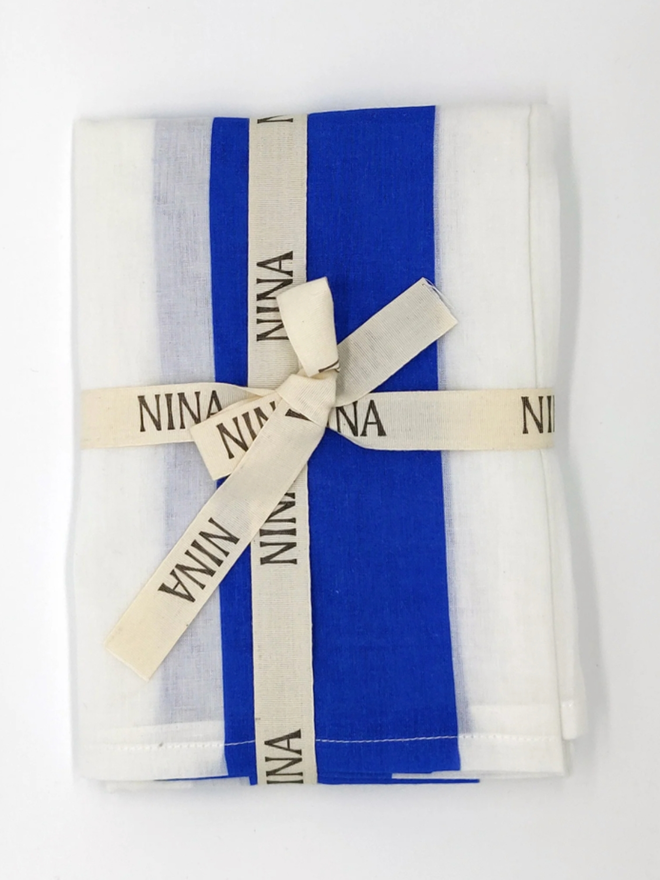 Blue Stripe Muslin. A folded muslin with electric blue stripes.