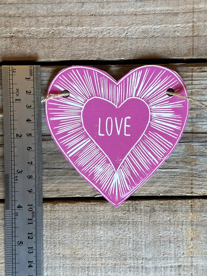 Heart Garland With Love Text Linocut Hanging Decoration