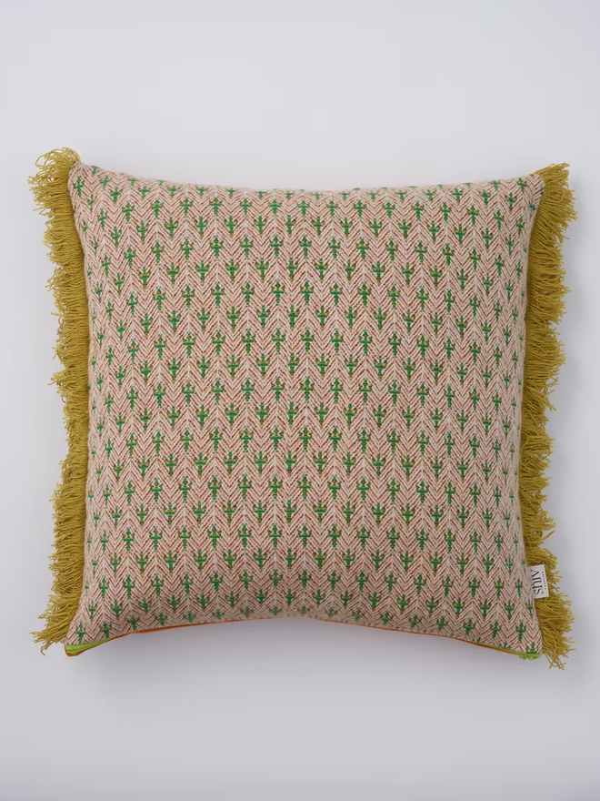 caoimhe cactus square cushion. an embroidered green cushion photographed on a plain background.