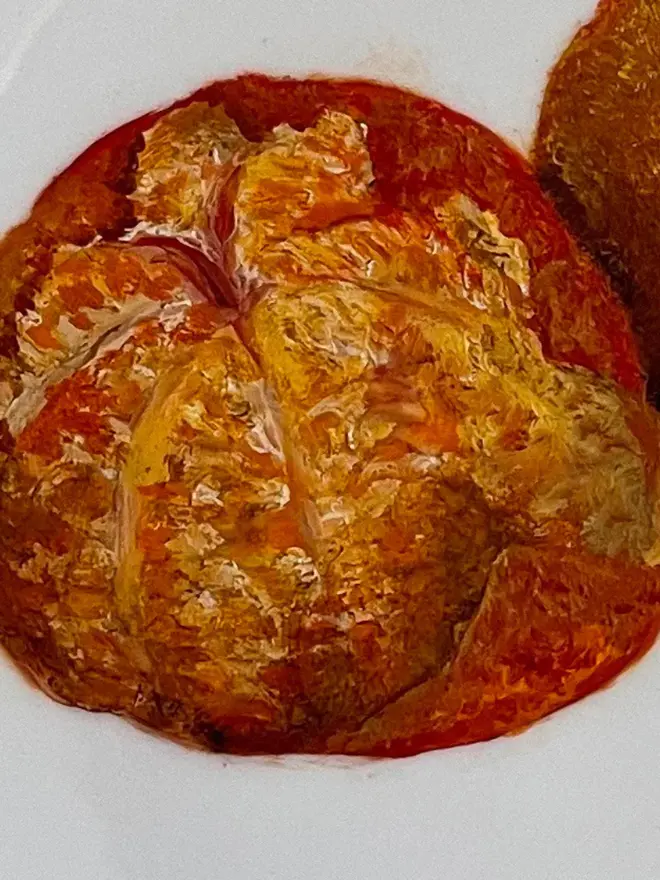 Zoom-in on the Fine Art Oil Painted Three Mandarins.On Ornate Antique Plate.