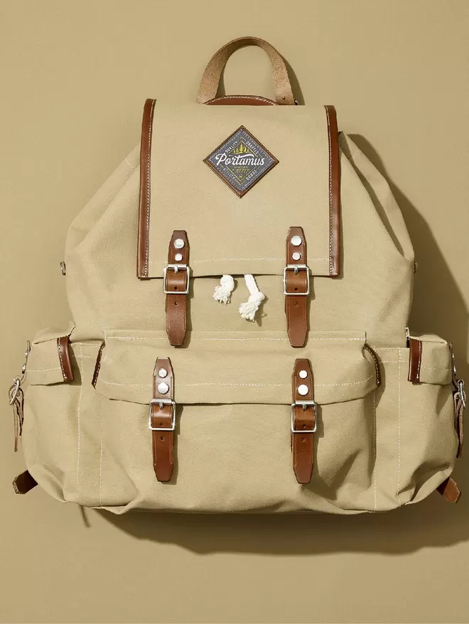 Taupe Rockness backpack with brown leather trim and 'silver' hardware on a plain taupe background.