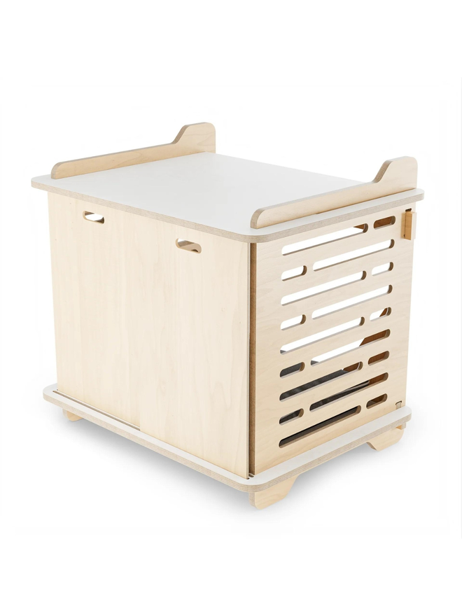 wooden dog crate side view exterior doors