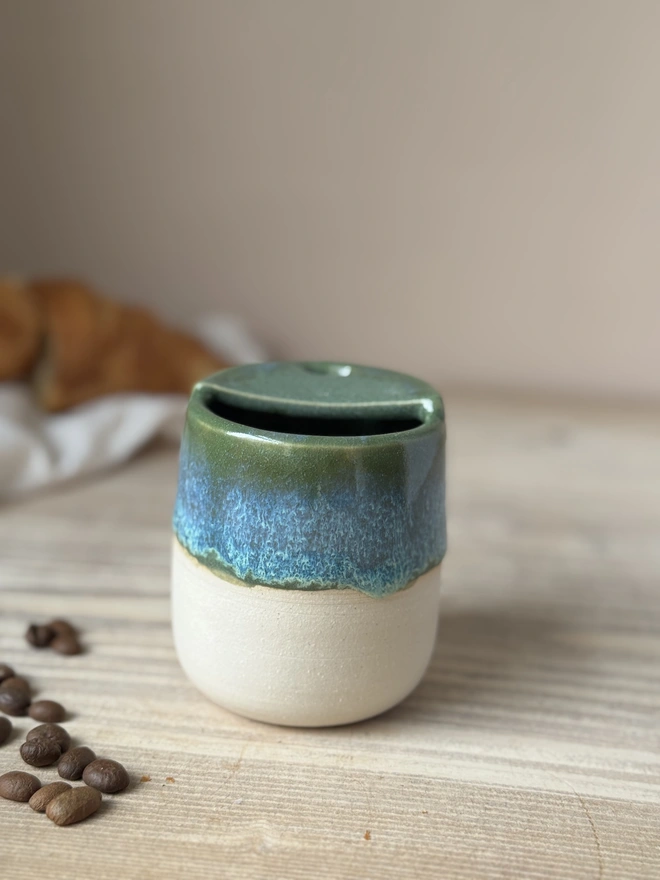 'Caffeine Please' Ceramic Travel Cup Green Granite Glaze