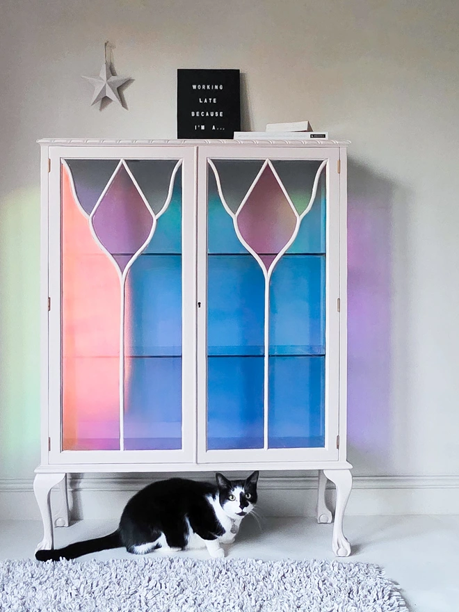 Baby pink glazed glass cabinet with multi coloured iridescent glass panels shining pink, purple and green to create a stained glass effect. This cabinet is upcycled and staged using a fluffy white rug in the foreground and a black and white cat!