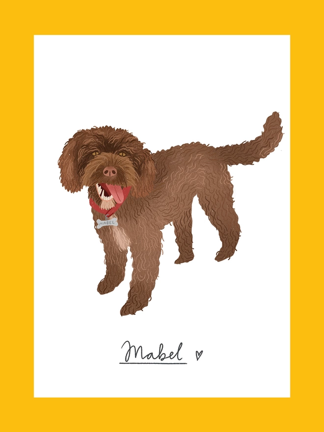 Portrait of a cockapoo, with the name Mabel underneath