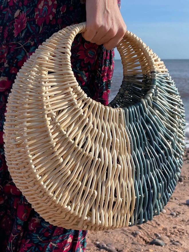 Ose willow basket gathering hen Skye Indigo blue white natural contemporary round oval traditional heritage handbag material craft handcrafted handwoven weave beach devon