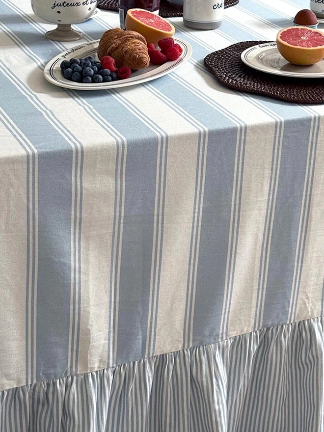 Murano Stripe Organic Ruffled Cotton Tablecloth Ruffle