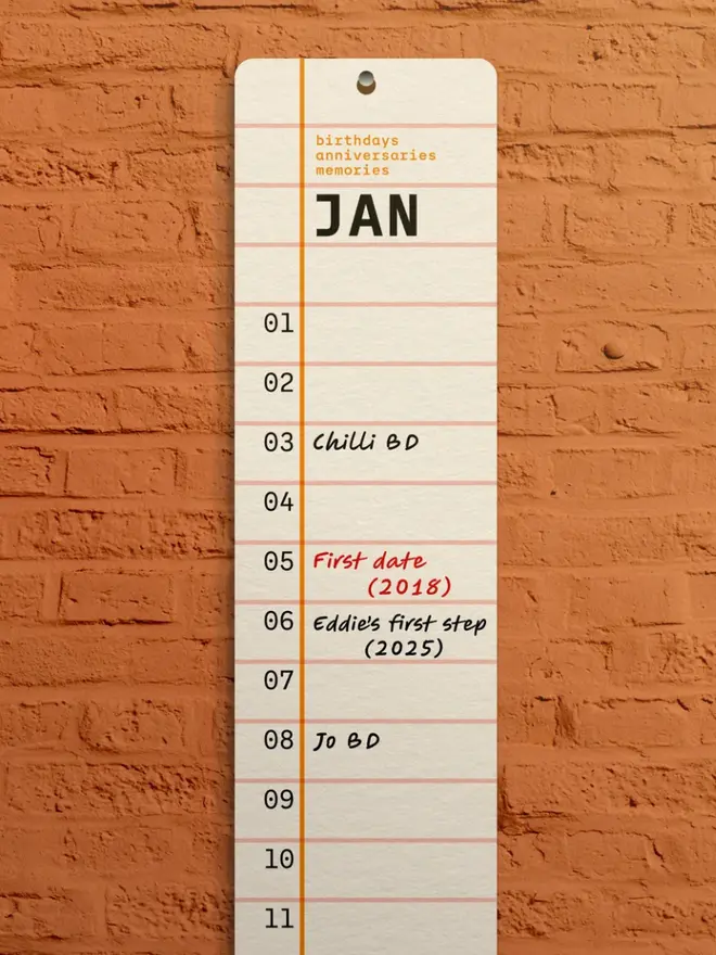 Perpetual Squared: Birthday, Anniversary, Memory Tracker, Orange, against an orange wall. 